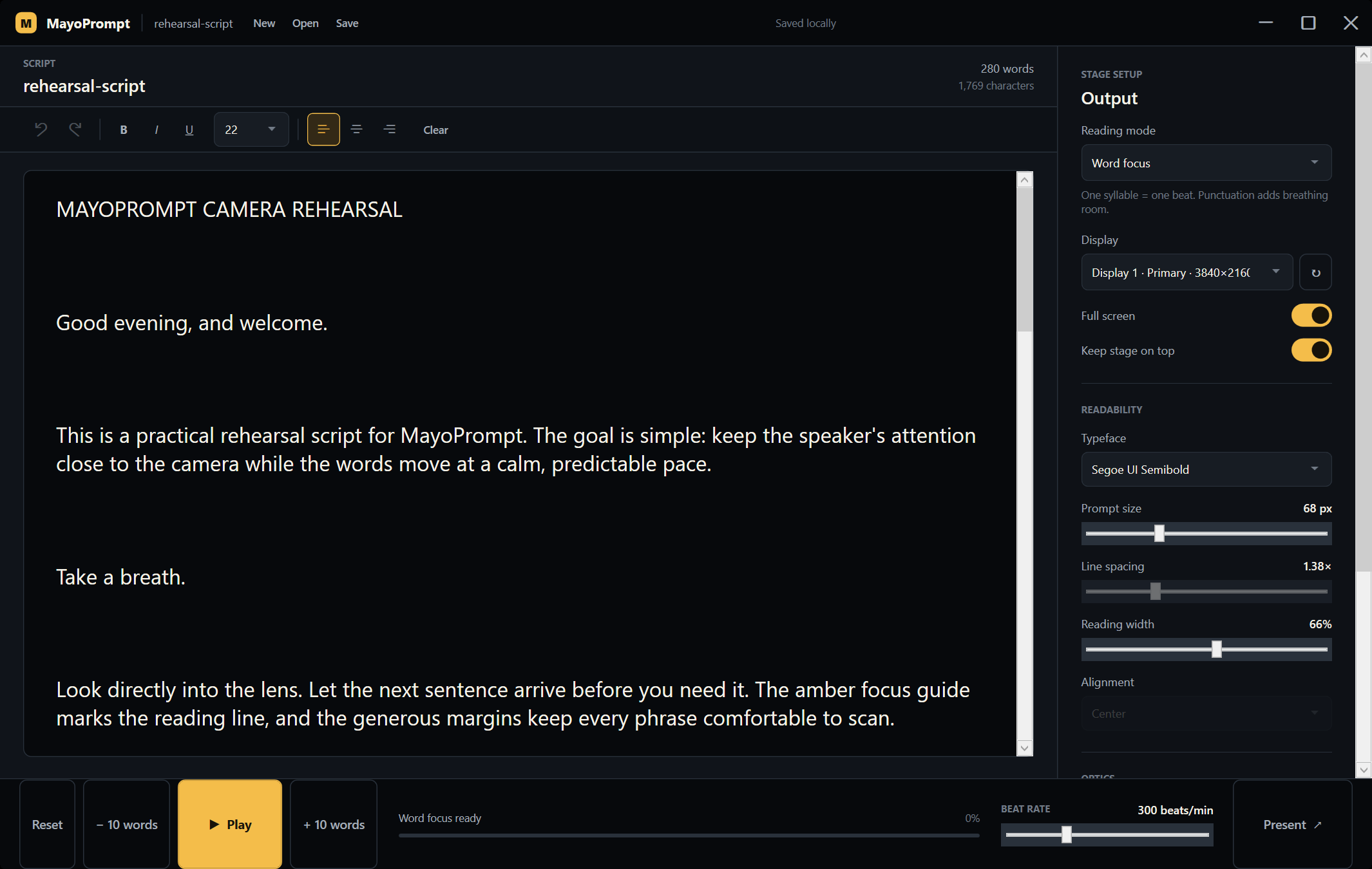 MayoPrompt controller with script editor, Word Focus mode, display settings, readability controls, playback transport, and a Present button