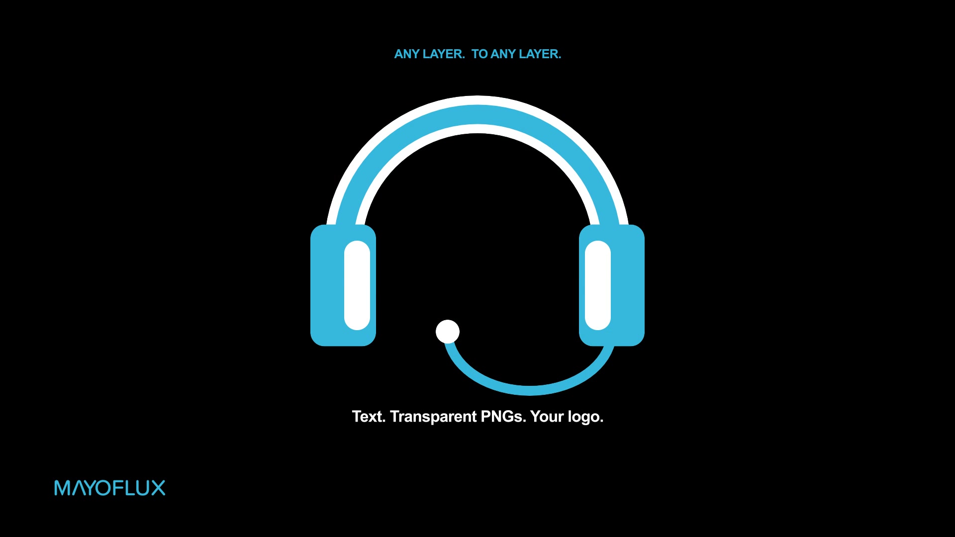 A transparent headphone graphic used as a source between a text layer and the MayoFlux logo