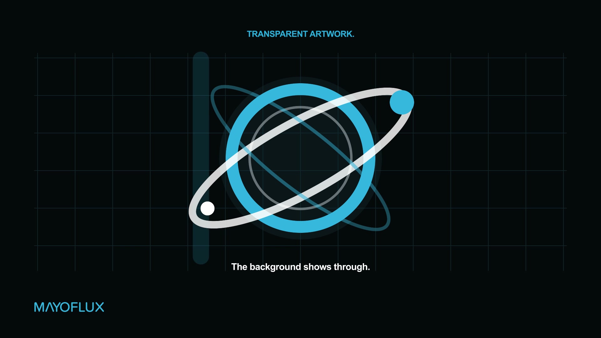 A transparent orbit graphic with the animated background visible through its cutouts and translucent areas