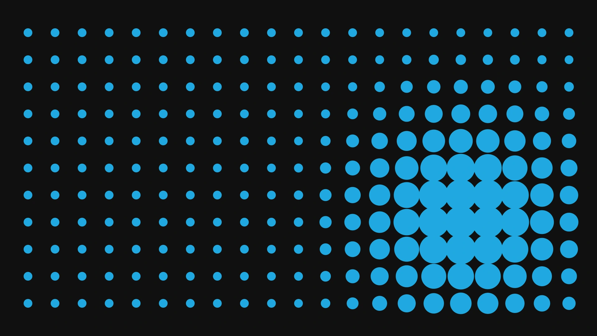Cyan dots expand across a black grid under a moving spherical zone.