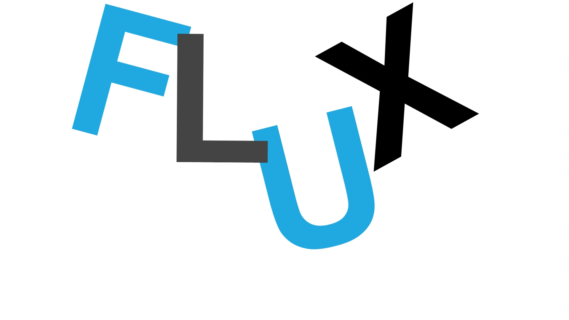 Large cyan, gray and black FLUX letters rotate into an arrangement on a white background.