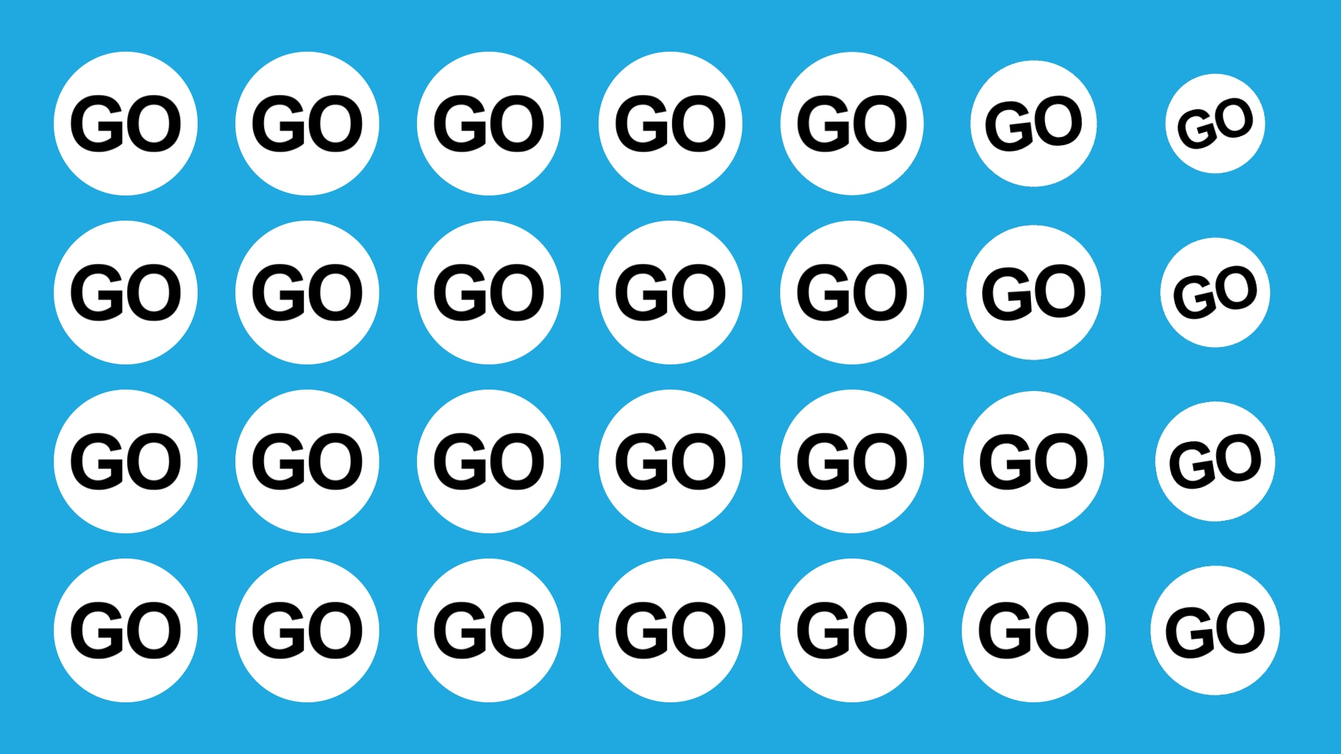 Rows of white GO badges tilt and shrink across a cyan background.