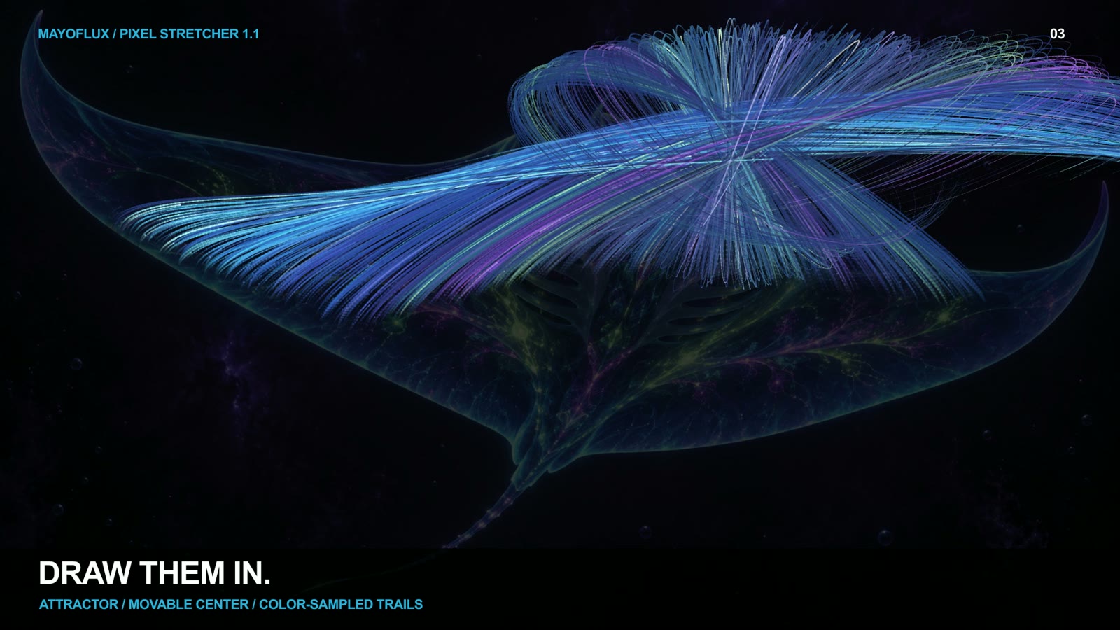 Pixel Stretcher bends blue and violet particle trails through an attractor