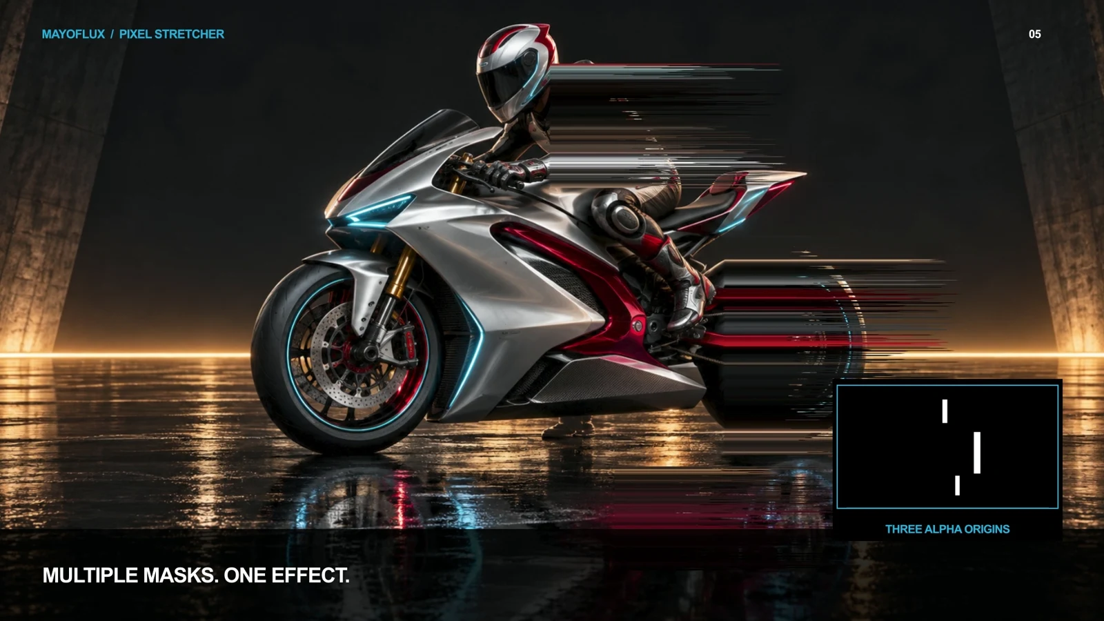 Native render of a motorcycle with three separate mask origins; the alpha matte is shown in the lower-right corner.
