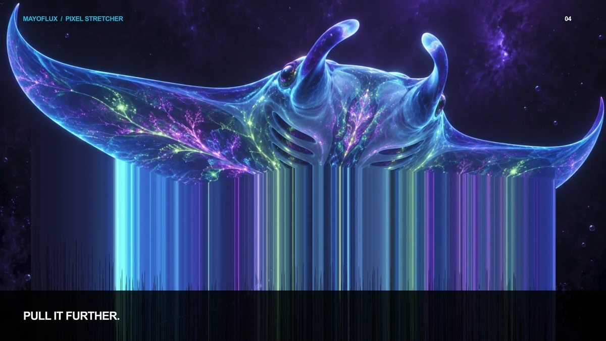 A luminous manta with blue and violet pixels stretched vertically from its wings.