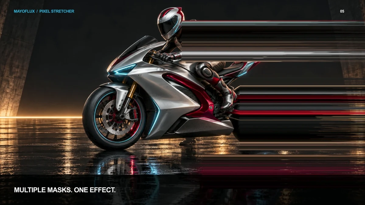 A futuristic motorcycle with distinct horizontal streaks from its helmet, body and rear wheel.