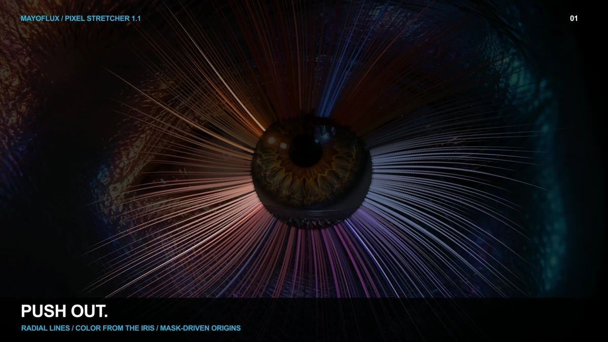 An iris launches long colored lines radially outward from a circular mask.