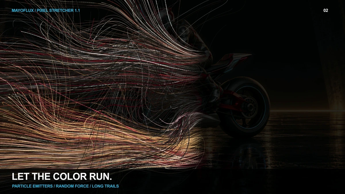 Colored particles curl away from a motorcycle, leaving long thin trails.